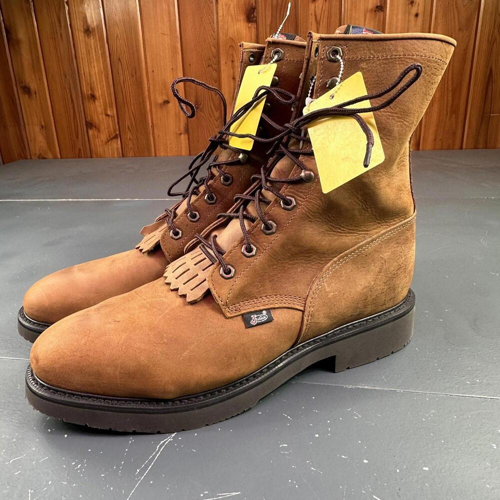 Justin Boots Mens 12EEE Tan Brown Double Comfort Conductor Steel Toe USA NWT